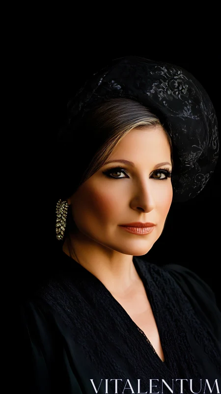 Velvet shadows crown a poised woman in jeweled midnight