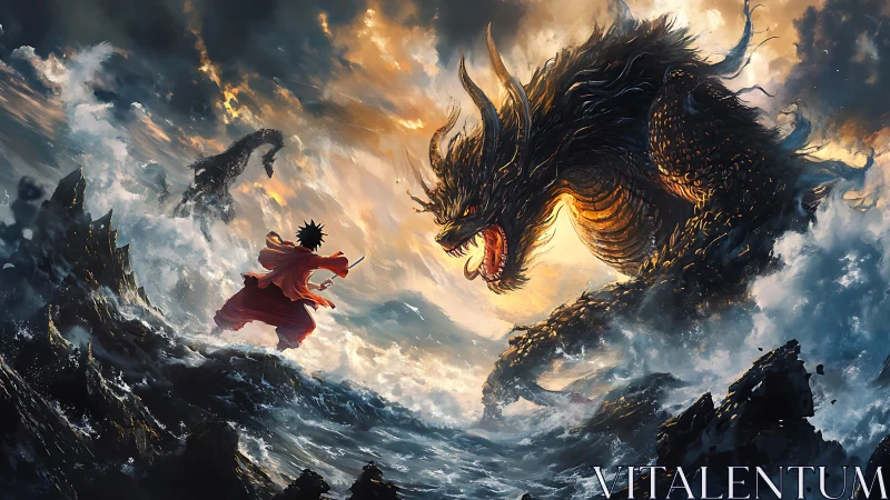 Warrior confronts colossal sea dragon amid stormfire sky.