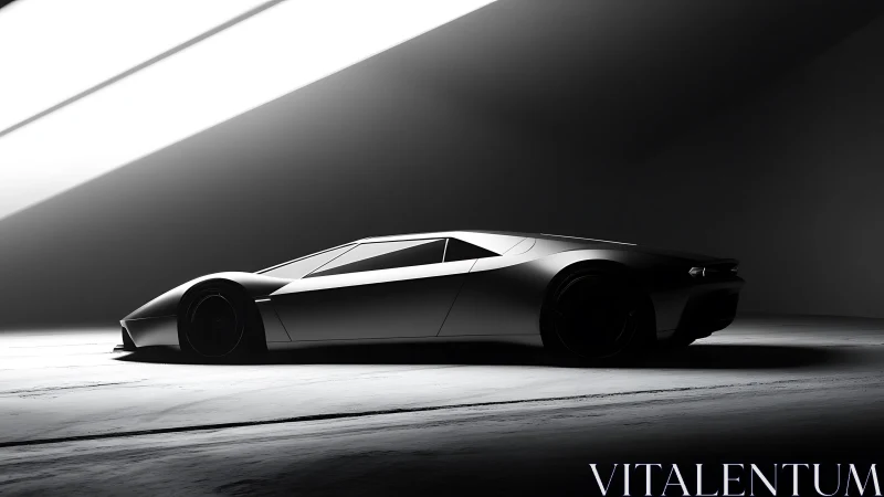 Sleek futuristic sports car resting in dramatic studio light.