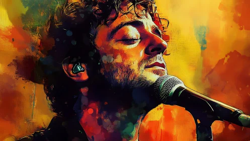 Singer in vivid watercolor light sings into microphone