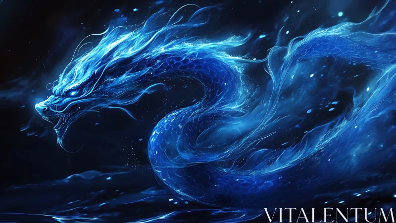 Luminescent blue water dragon coils through dark currents