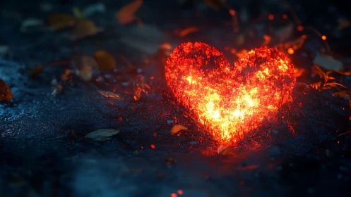Glowing heart shaped ember burning with intense red and golden light