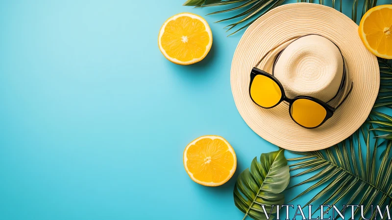Straw hat with sunglasses, citrus halves and palm leaves on blue.
