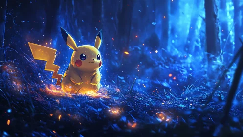 Luminous Pikachu resting in an enchanted electric forest.
