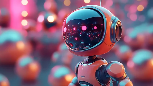 Playful neon robot in glossy sci-fi bokeh environment.