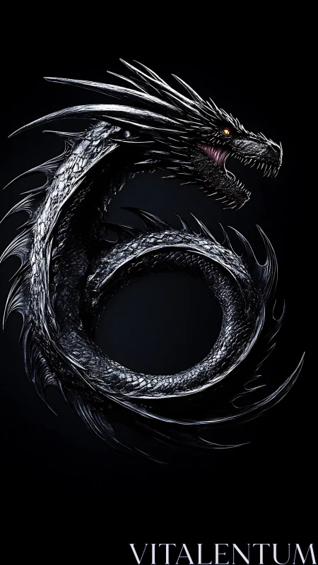 Coiled obsidian dragon curls into a fierce, glowing loop
