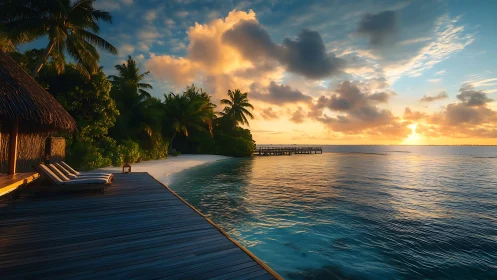 Sunset over tropical deck, palm trees, and calm shoreline.