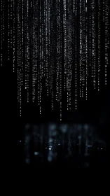 Vertical digital code rain over dark reflective floor.
