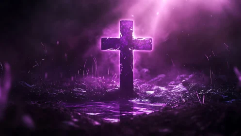 Backlit stone cross under volumetric purple atmospheric lighting