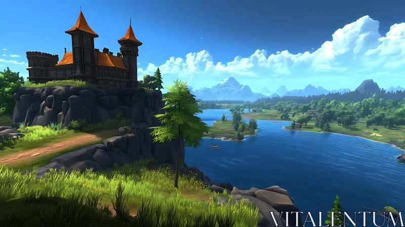 Enchanted Castle Perched Upon Obsidian Cliffs by Crystalline Waters.