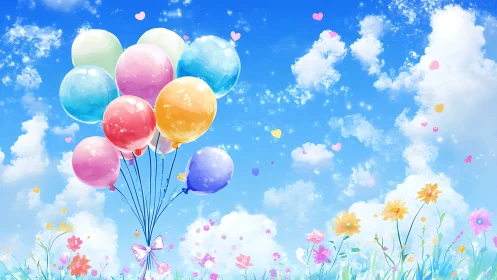 Skybound confetti balloons drifting above daydream meadows.