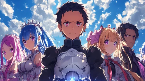 Heroic anime ensemble stands under high-contrast cloudscape