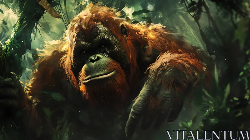 Forest sage orangutan drifting through emerald jungle hush.