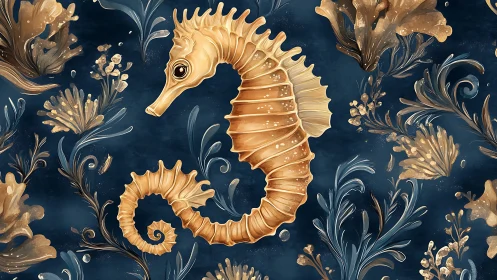 Seahorse illustration with stylized sea plants on dark field.