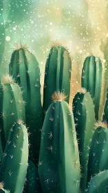 Vertical cluster of green cacti against soft bokeh sky.