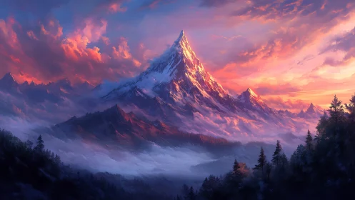 Radiant sunrise washes a towering snow peak in gentle light