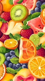 Juicy fruit medley erupts in sunlit color and lush detail.