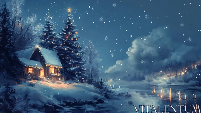 Snowfall illuminates riverside cabin and forest lights at blue hour