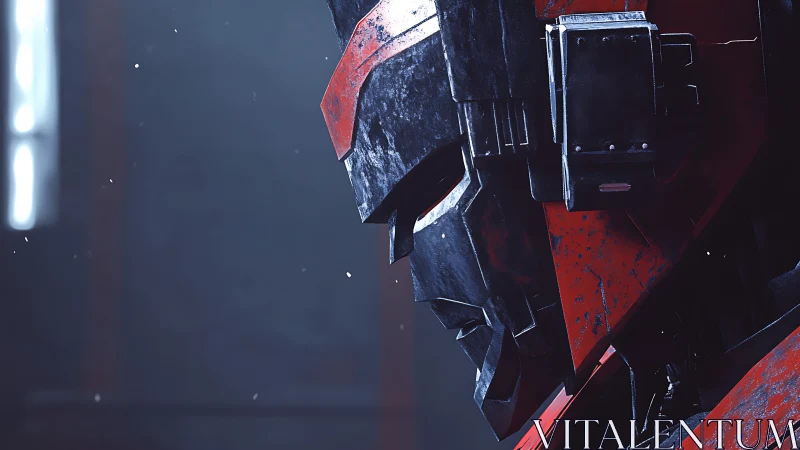 Battle-worn red mech helm catches cold studio light.