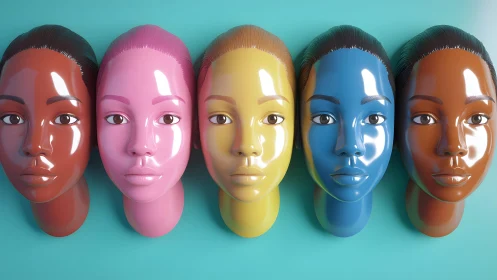 Vibrant mannequin heads in glossy pop art style on teal background.