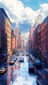 Rain-washed city canyon hums beneath towering pastel spires