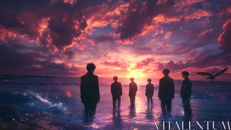 Sunset tide of quiet friends walking toward tomorrow.