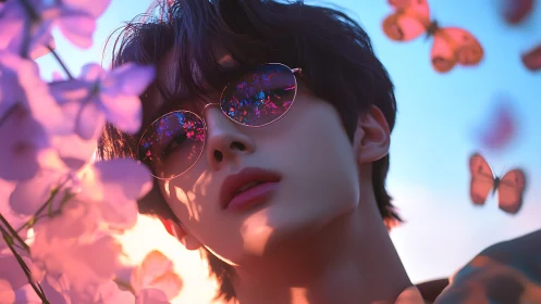 Stylized youth with sunglasses amid pink flowers and butterflies.