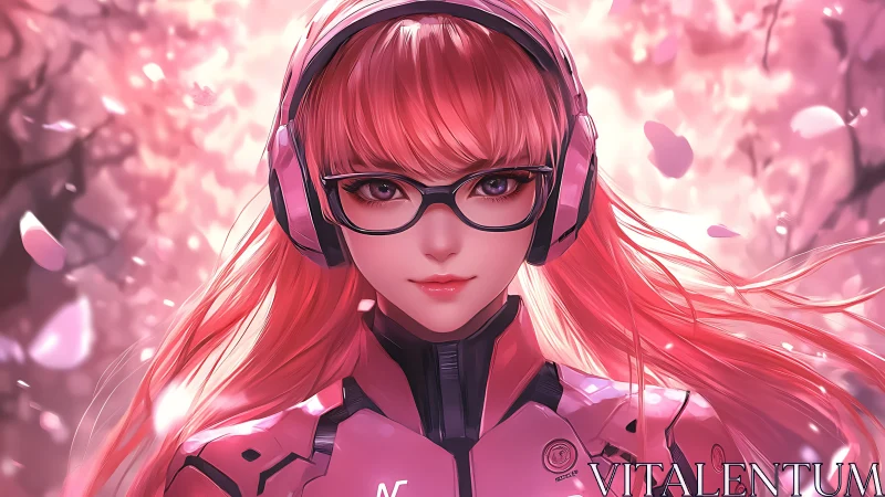 Cyber warrior girl stands poised amid drifting cherry petals