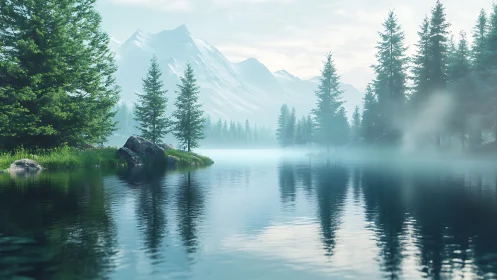 Foggy alpine lake with pine forest and distant peaks.