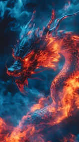 Fiery dragon spirit coils through glowing blue smoke