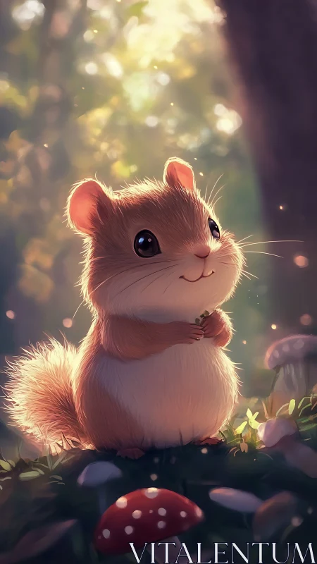 Woodland hamster character in glowing bokeh forest light.