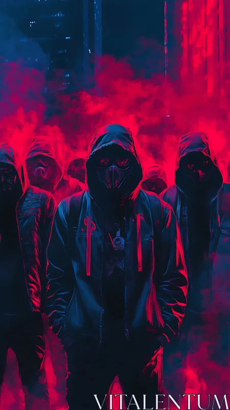 Hooded cyber rebels advance through neon smoke and shadowed streets