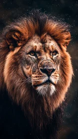 Majestic lion portrait under rain with dramatic side lighting.
