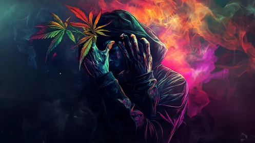 Hooded figure with neon smoke and cannabis leaves.
