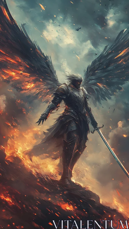 Winged dusk knight rising through storm and firelight.