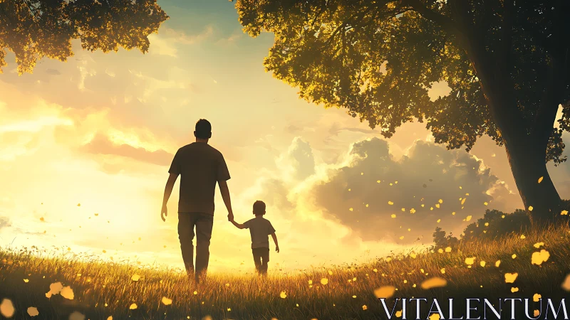 Sunlit father and child walking through glowing meadow.