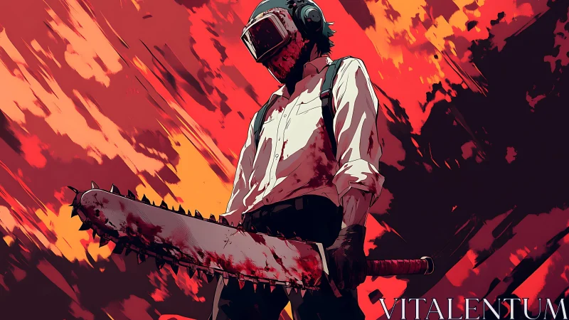 Chainsaw wielding masked figure in red abstract background.