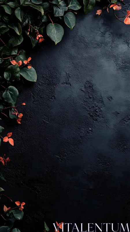Dark stone background frames lush ivy and copper leaves