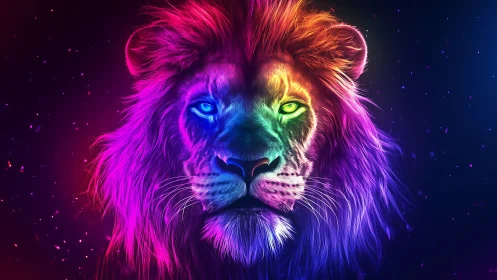 Neon crowned lion stares down the cosmos with quiet fire