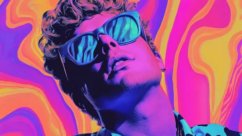 Male portrait in neon gradients with reflective sunglasses.