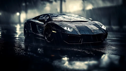 Midnight supercar glows under rain-soaked city streetlights.