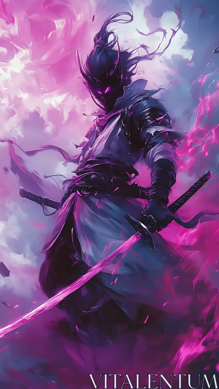 Shadow samurai with glowing pink blades in misty void.