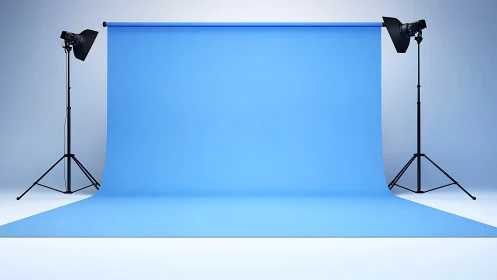 Empty blue sweep backdrop dominates symmetrical studio set