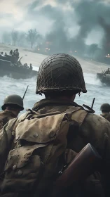 Photorealistic wartime landing scene with rear soldier focus.