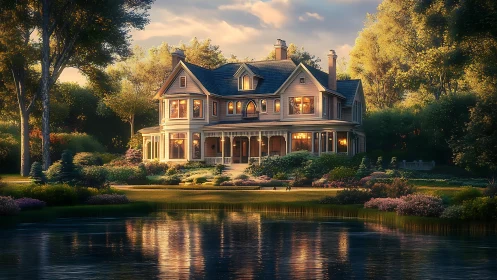 Victorian lakeside villa glows under warm sunset light.