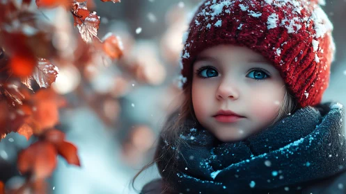 Child in Winter Snow, Red Beanie and Frost.