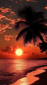 Tropical shoreline with silhouetted palm tree at sunset.