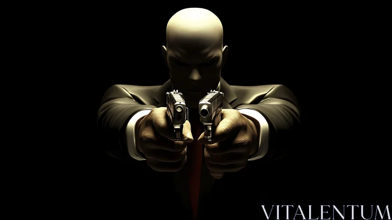 Bald gunman in suit rendered with dramatic low key lighting