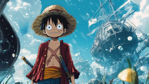 Straw-hatted anime pirate amid dynamic aerial ship armada.