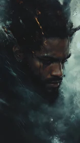 Storm-touched portrait of a brooding face in drifting smoke.